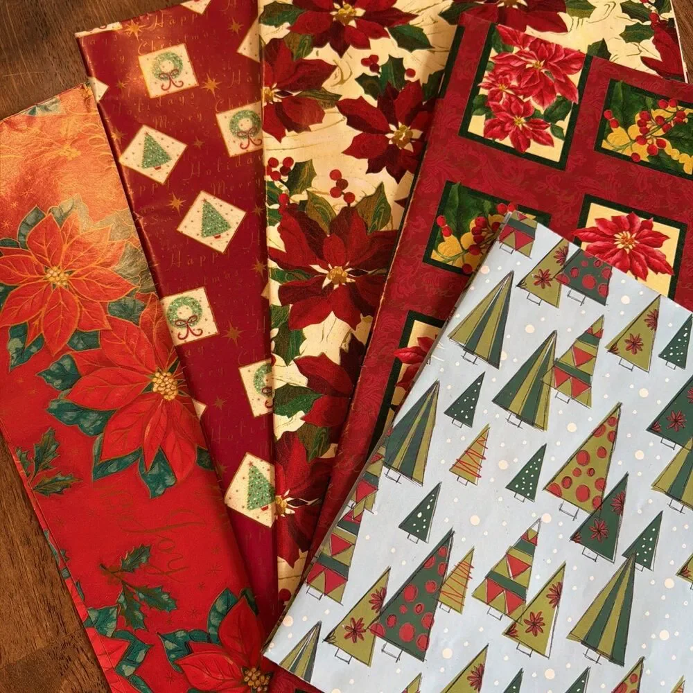 5 Sheets Christmas Wrapping Paper Poinsettia Wreath Holiday Tree Gift Wrap